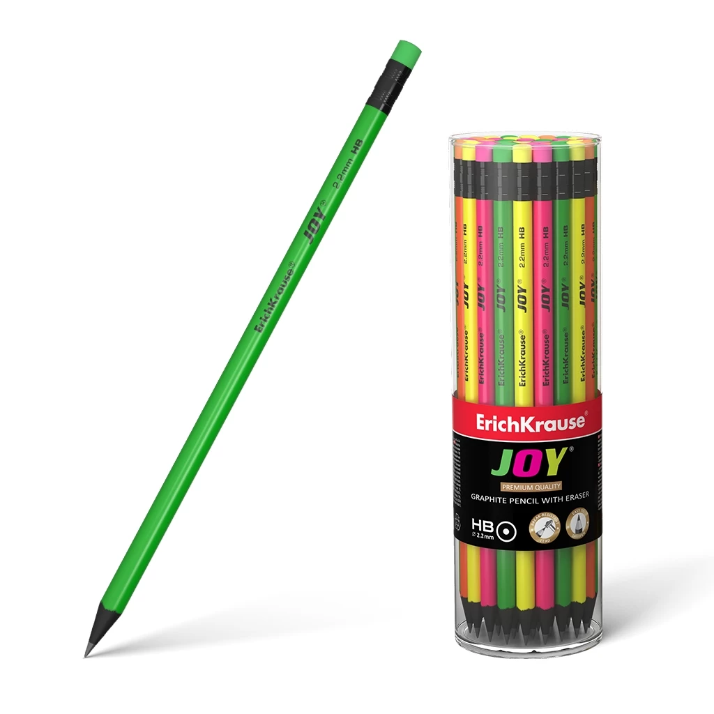 Creion simplu plastic , rotund, cu radiera, HB ErichKrause JOY® Neon