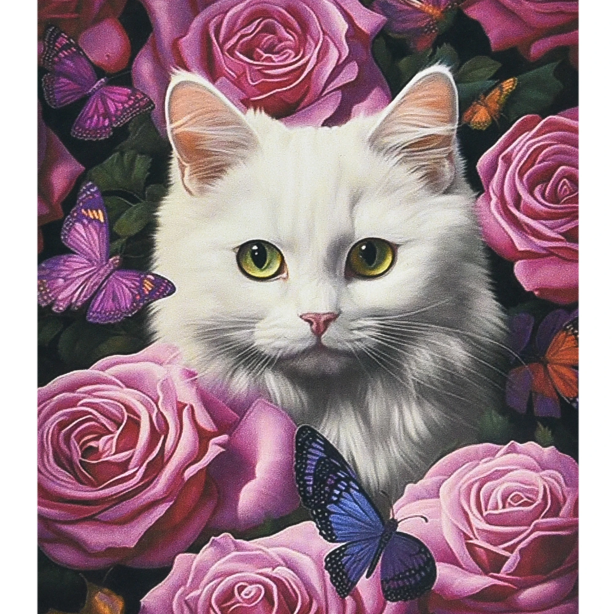 Mozaica cu Diamante 30x40 cm "Pisica albă în trandafiri"