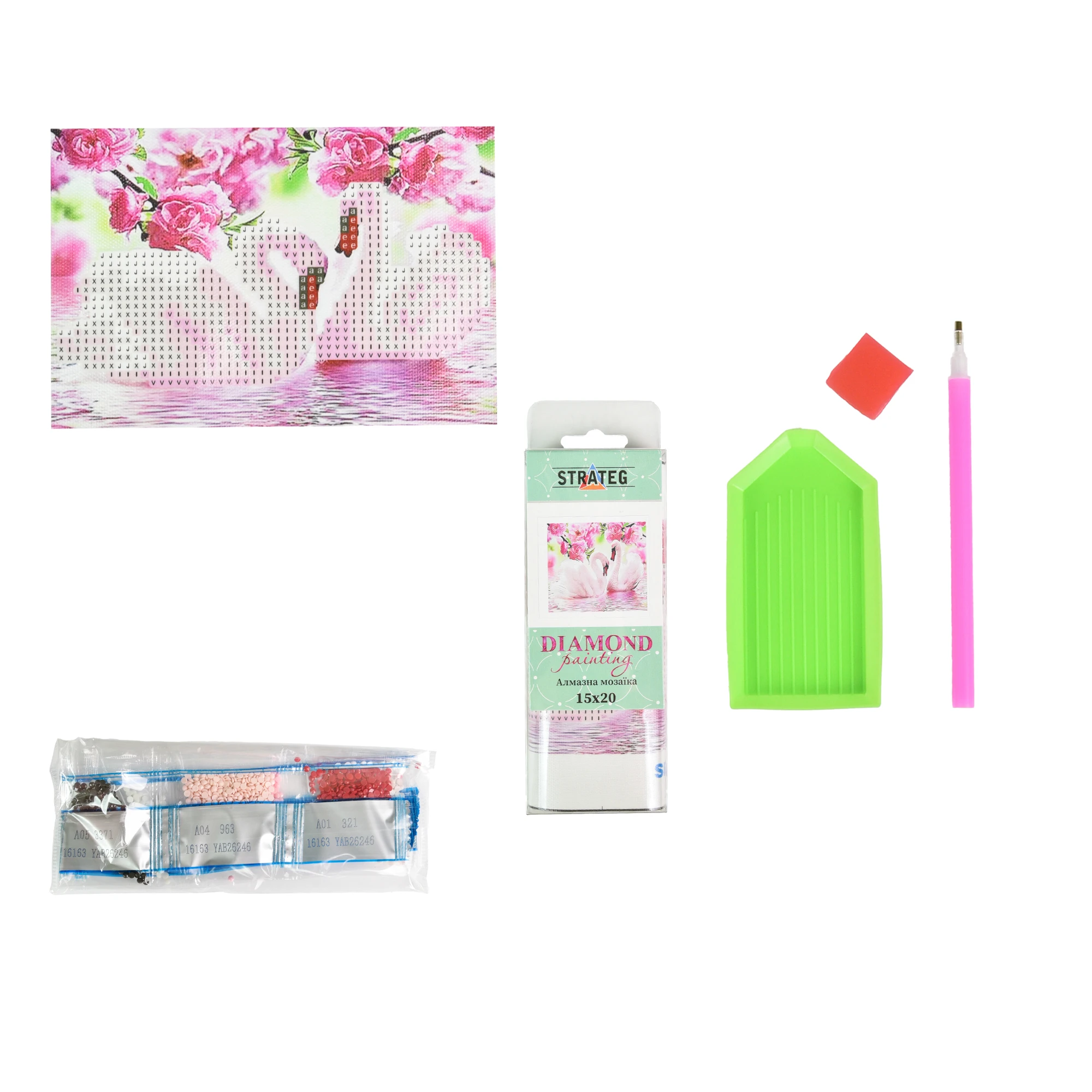 Mozaica cu Diamante 10x15 cm "Cuplu de lebede printre flori roz"