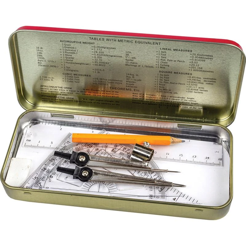Set matematica (compas,rigla 15cm, 2 echere, raportor,radiera) cutie metal