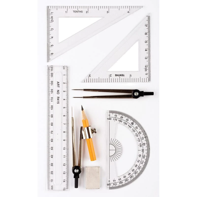 Set matematica (compas,rigla 15cm, 2 echere, raportor,radiera) cutie metal