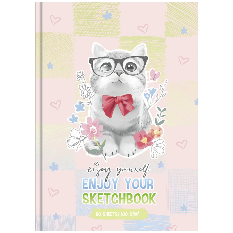 Sketchbook 80foi, А5 "Kitty with a bow", laminare mata, bloc alb cu gradient, 100gr/m2 / BG