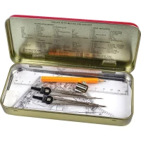 Set matematica (compas,rigla 15cm, 2 echere, raportor,radiera) cutie metal